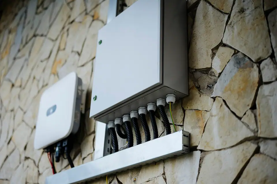 Taş duvara monte edilmiş inverter ve kablo rakorlu DC dağıtım kutusu